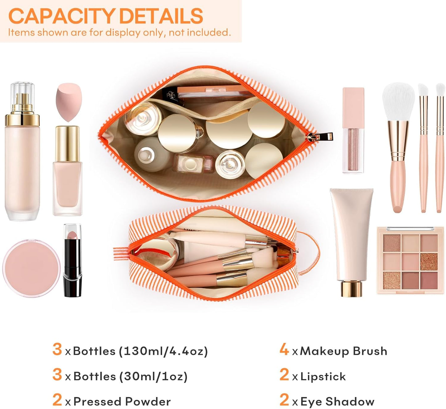 2 PCS Initial Makeup Bags for Women: Cosmetic Bag for Travel Toiletry - Birthday Gifts for 11 12 13 14 15 16 17 18 Years Old Girl Graduation Teacher Gift- Teen Girl Gifts Trendy Stuff - Orange S