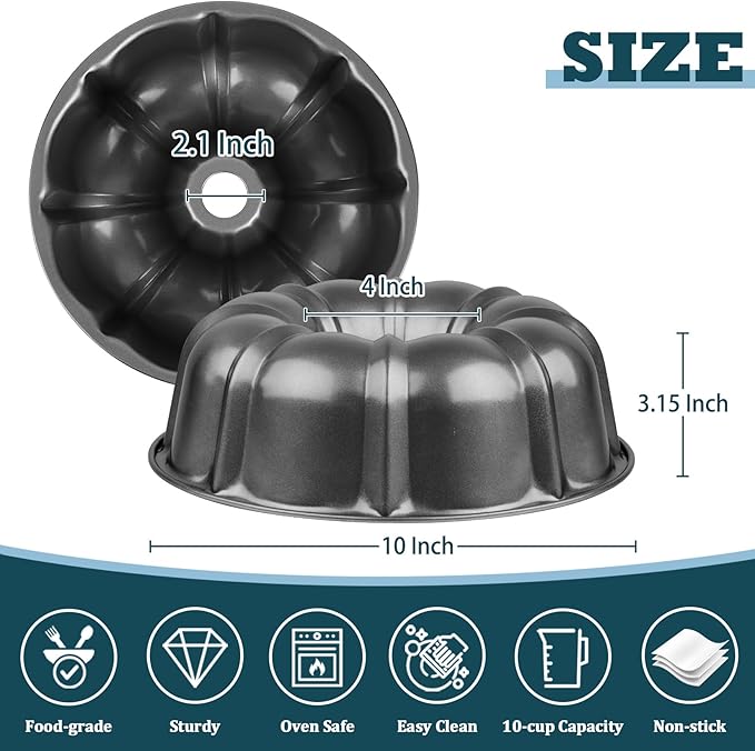 P&P CHEF 10 Inch Gray Non-stick Cake Pan, Carbon Steel Fluted Tube Round Baking Pan for Pound Cake, 10-Cup Large Capacity Bakeware, Healthy & Heavy Duty, 1 Piece