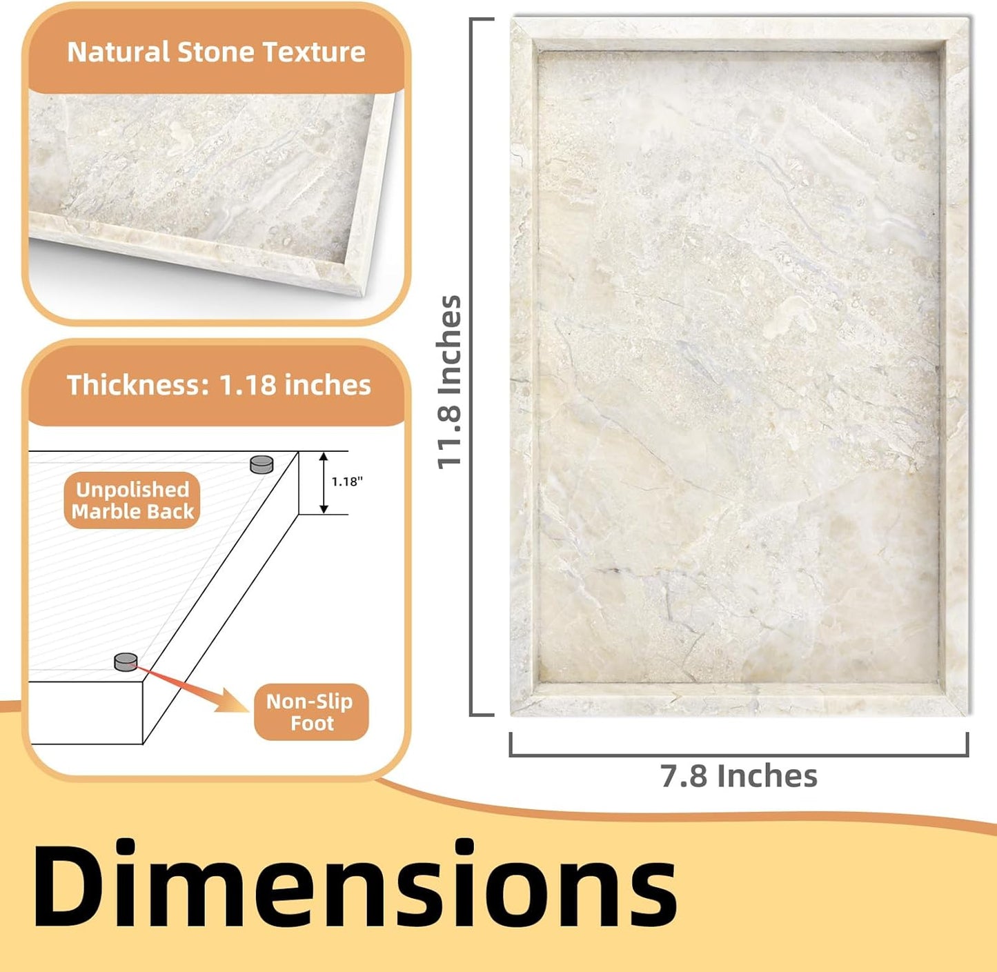 Yew & Tulip Natural Marble Vanity Tray, Luxury Stone with Beige Textures Serving Tray for Bathroom, Kitchen, Vanity, Home Decor, Wedding etc. (12" x 8" x 1.2")