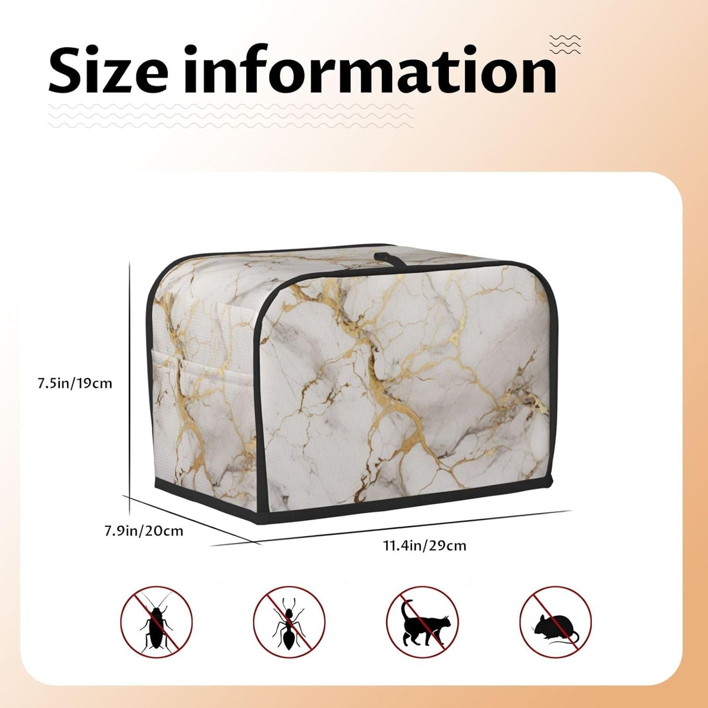 Toaster Cover 2 Slice Marble Gray Gold White Kitchen Small Appliance Covers with Pockets Dust and Fingerprint Protection