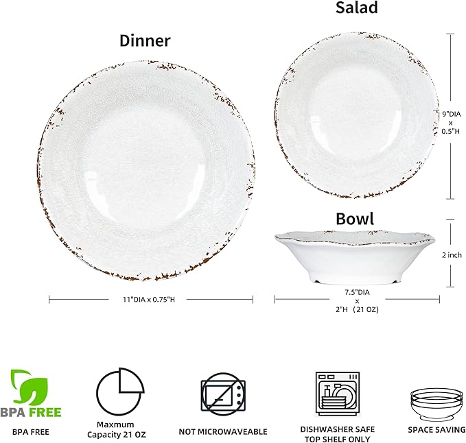Vintage Melamine Dinnerware Sets, 18 Piece Lightweight and Unbreakable Outdoor Plates and Bowls Set, RV Dishes Set of 6, Chip Resistant Kitchen Plate Set for Indoor and Outdoor Use, White