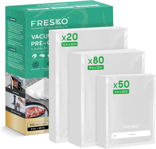 FRESKO Vacuum Sealer Bags, 150 Gallon 11" x 16" and Quart 8" x 12" and Pint 6" x 10" BPA Free PreCut Bag, Commercial Grade Food Vac Bags for Storage, Meal Prep or Sous Vide