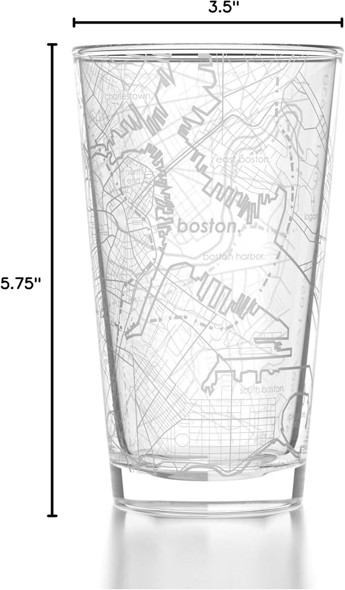 Well Told Engraved Boston Massachusetts Map Pint Glass, Etched Beer Gift (16 oz, Clear) City Map Pint, Custom City Glassware, Gifts For Beer Lovers