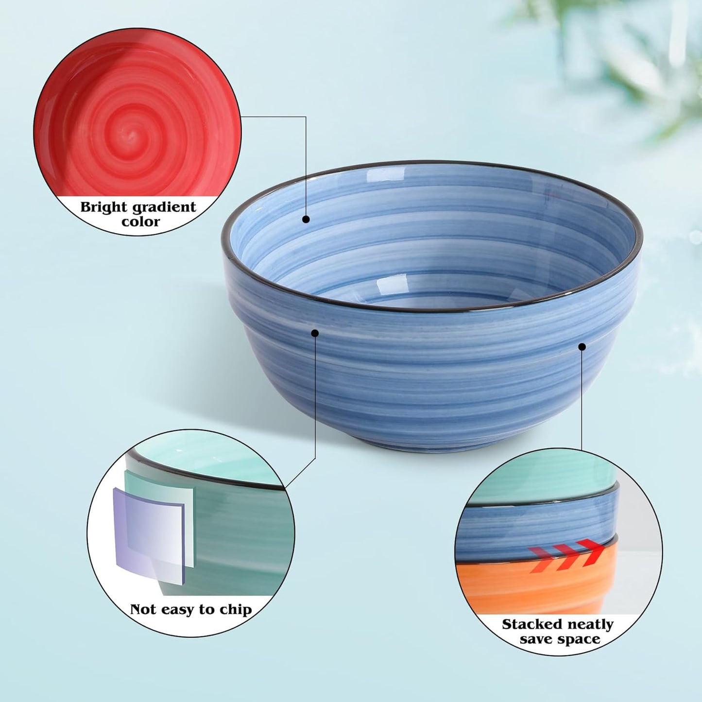 HAPPY KIT Ceramic Serving Bowls, 6 Inch Colorful Bowls for Kitchen, 24 Ounce Soup Bowls Set of 6, Dishwasher & Microwave Safe, Porcelain Bowls for Cereal Soup Rice Pasta Salad Oatmeal Soup