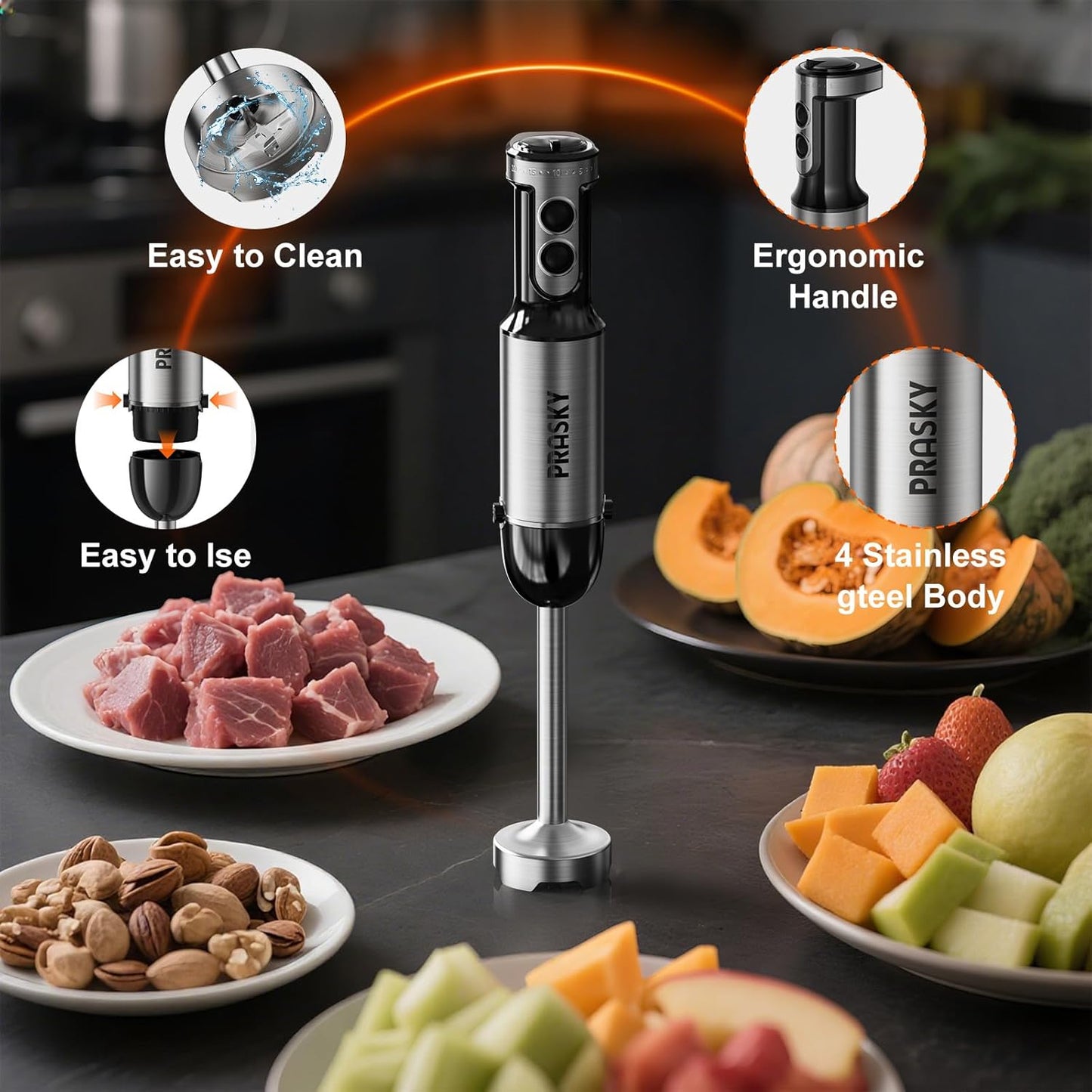 Immersion Blender, PRASKY 1200W 20 Speeds Electric Handheld Portable Stick Mixer, 5-in-1 Hand Blender Stainless Steel with Turbo Mode,Chopper, Whisk, Milk Frother for Soup, Smoothies,Puree, Baby Food