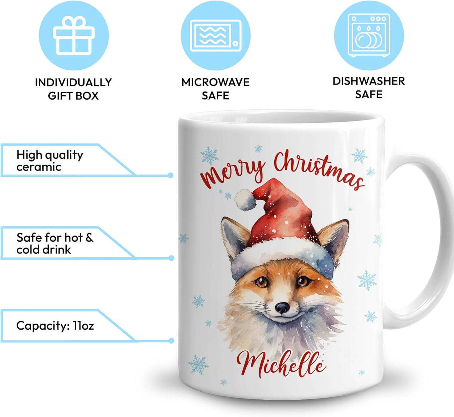 Hyturtle Personalized Gifts Fox Lover - Fox Wearing Santa Hat Custom Name Ceramic Coffee Mug Cup 11oz - Cute Animal Lovers Gifts For Women, Girl kids Family On Birthday, Christmas