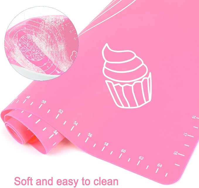 Silicone Pink 70x50cm Baking Mat Sheet Pastry Mat with Measurement, Non-Slip Pastry Rolling Mat, Non-Stick Dough Kneading Board Mat, Bread Fondant Mat, Cooking Bakeware Mat Table Placemat(Scraper)