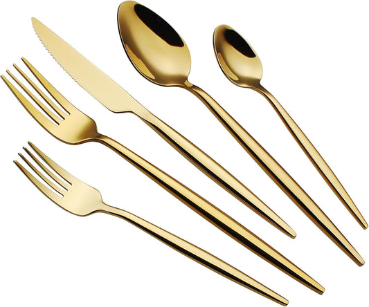 20 Piece Luxury Silverware Set for 4 Gold Mirror-Polished 18/10 Stainless Steel Heavy Flatware Set Modern Cutlery Set Knife/Fork/Spoon with Gifts for Home & Restaurant