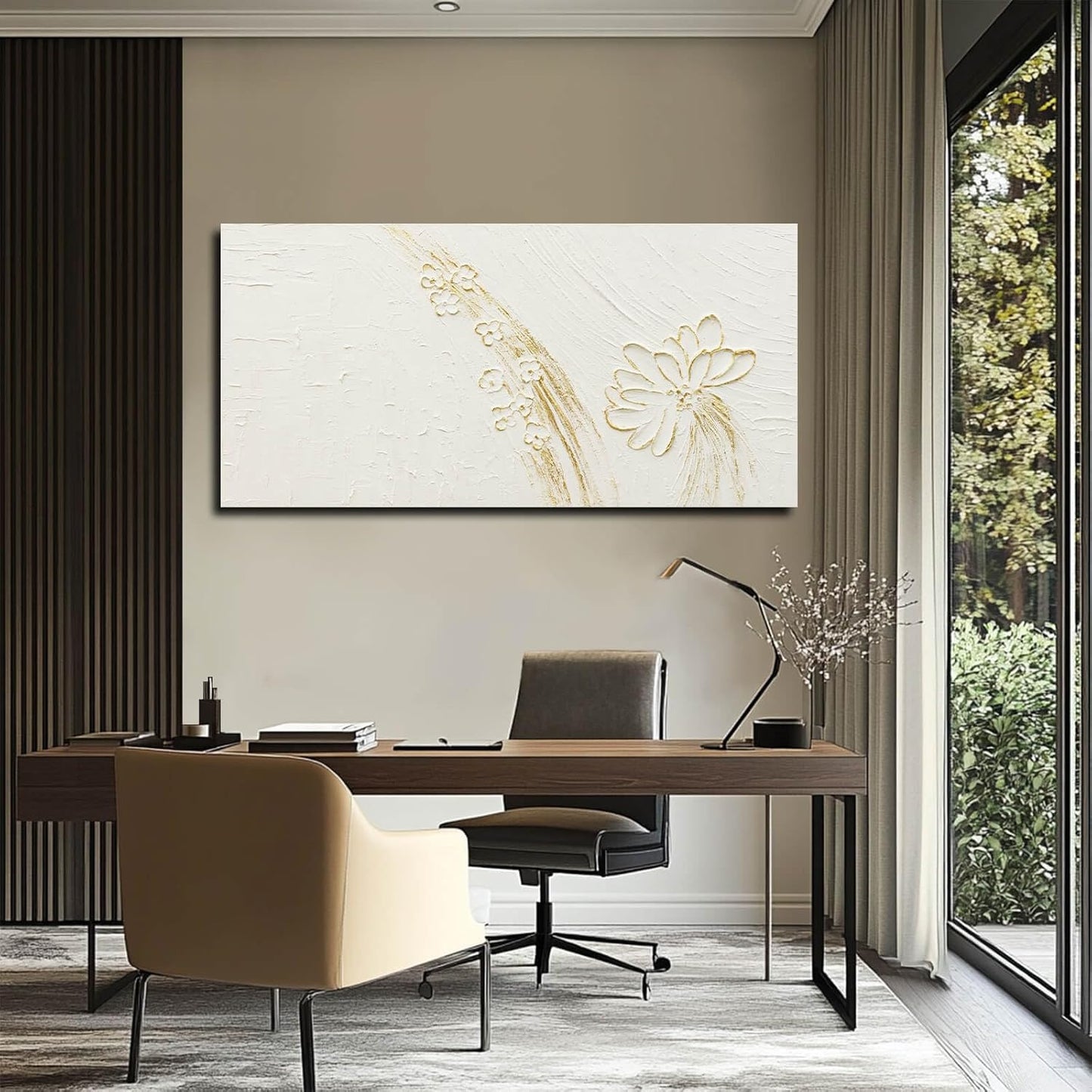 VAYIMDH Office Wall Art Flower Wall Decor Line Wall Painting 24"x48" Gold and White Canvas Paintings Wall Decorations for Bedroom