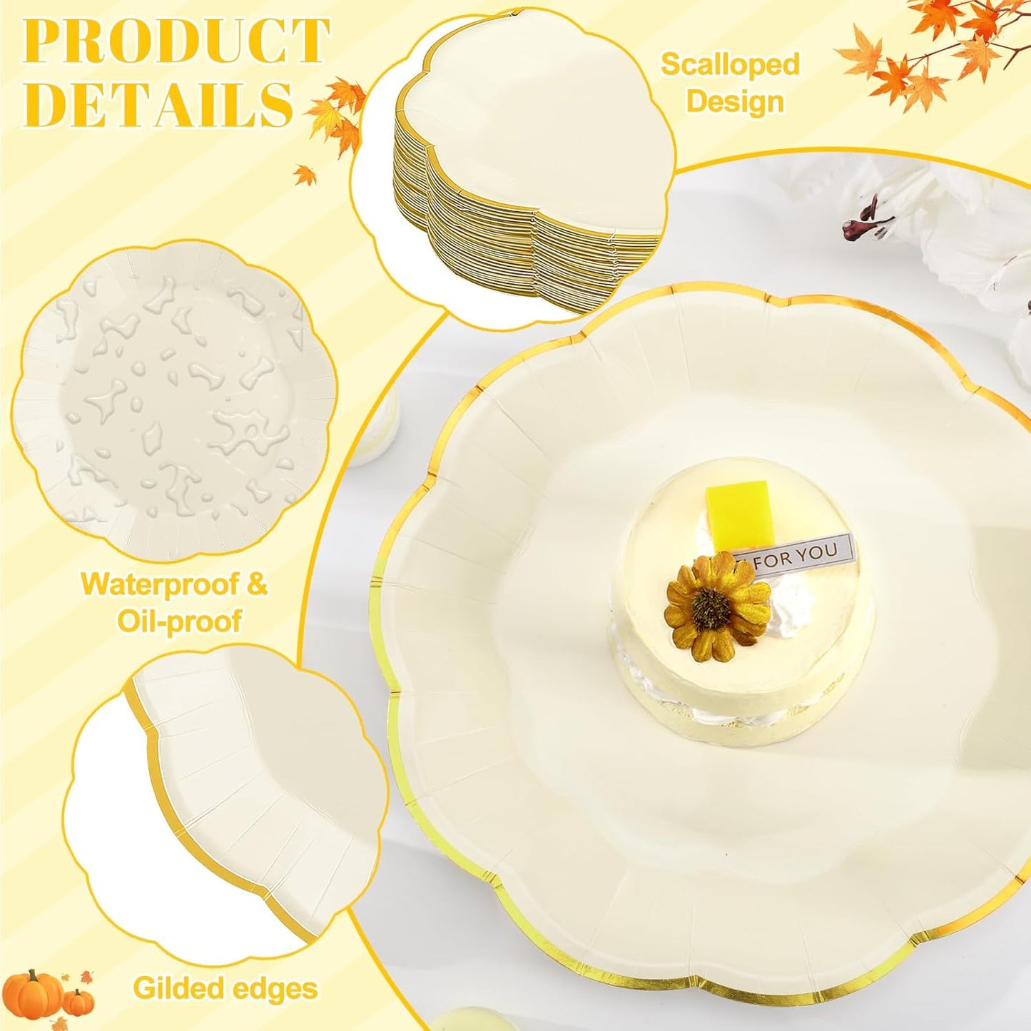 30 Pcs Thanksgiving Paper Plates, 7 Inch Ivory Paper Plate with Gold Trim Cute Beige Disposable Scalloped Plates for Friendsgiving, Baby Shower, Wedding
