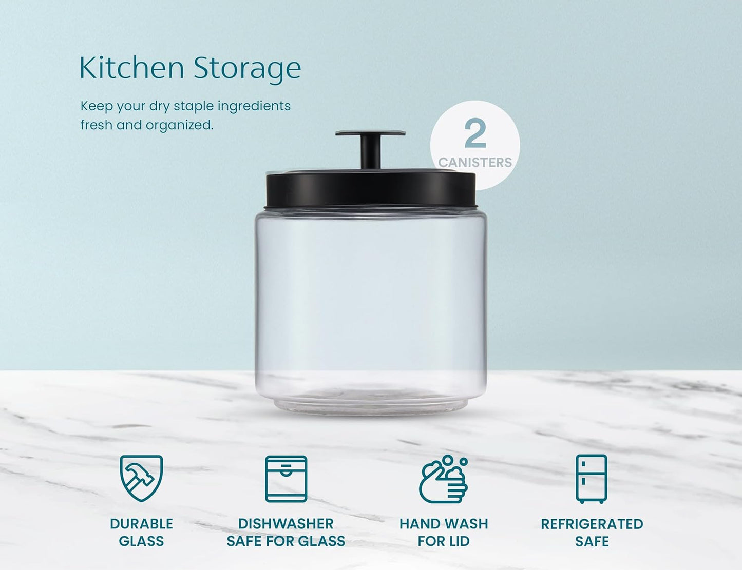 KooK Glass Kitchen Canister Set, Food & Storage Containers for Pantry, Bathroom Apothecary Jars, Tinplate tight Lids, Counter Organizers, 50 oz, Black, Set of 2