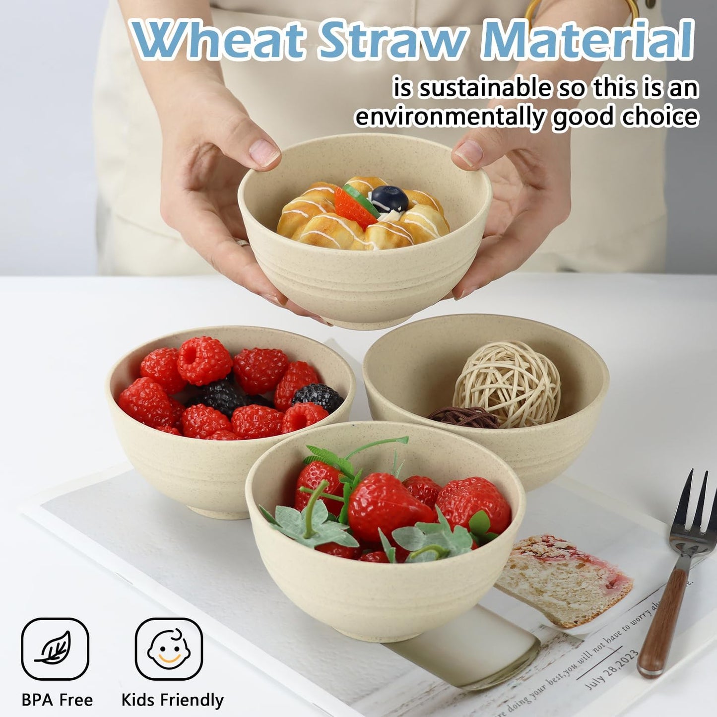 Wheat Straw Bowls Set of 8,10 OZ Small Bowls,Kids Bowls,Cereal Bowls,Plastic Bowls Reusable,Unbreakable Ice Cream Bowls for Dessert,Snack,BPA-Free,Dishwasher & Microwave Safe Bowls for Kitchen,Beige
