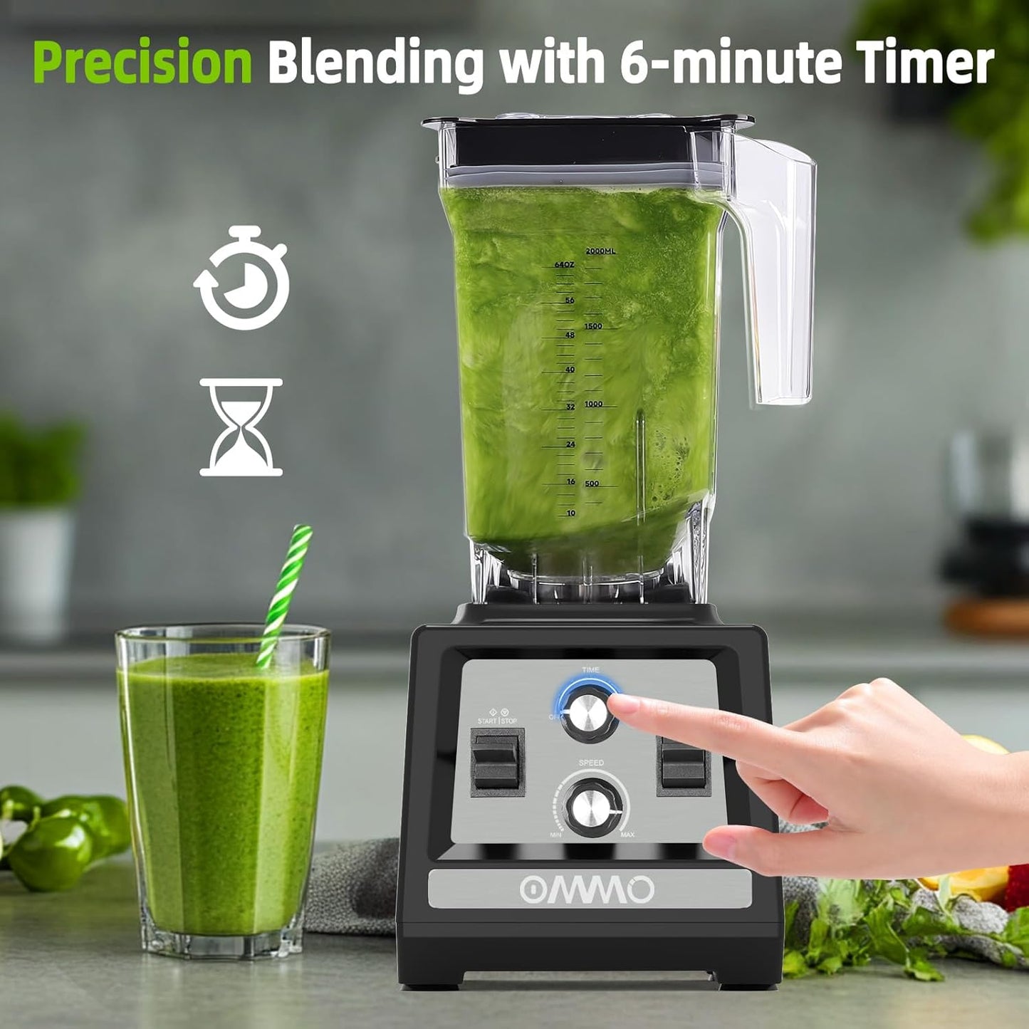OMMO Blender for Smoothies: 1800W Peak Blenders for Kitchen, 68oz BPA-Free Pitcher, Timer & Speed Control, 6 Stainless Steel Blades, Dishwasher Safe Blender for Ice Crush/Smoothies/Frozen Drinks/Grey