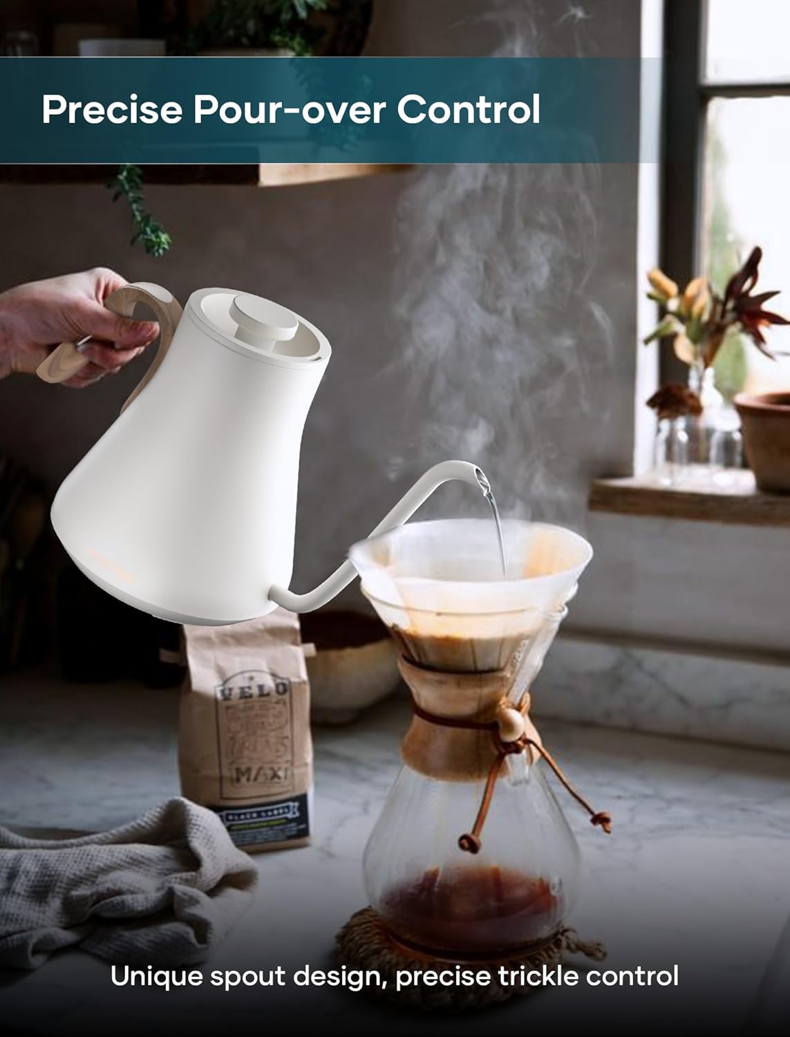 Electric Kettle, Gooseneck Electric Kettle, ±1℉ Precise Temperature Control, Stainless Steel Interior, Quick Heating for Pour Over Coffee, Tea & Boiling Water, 0.9L (Cream White & Wood)