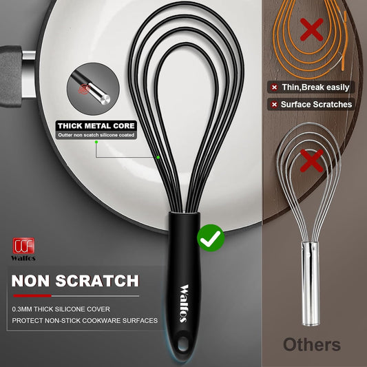 Walfos Silicone Flat Whisk,11inch Flat Whisk Non Scratch Coated Flat Whisks for Cooking.Great for Ceramic Coated pans and Wider shallower pots.Black