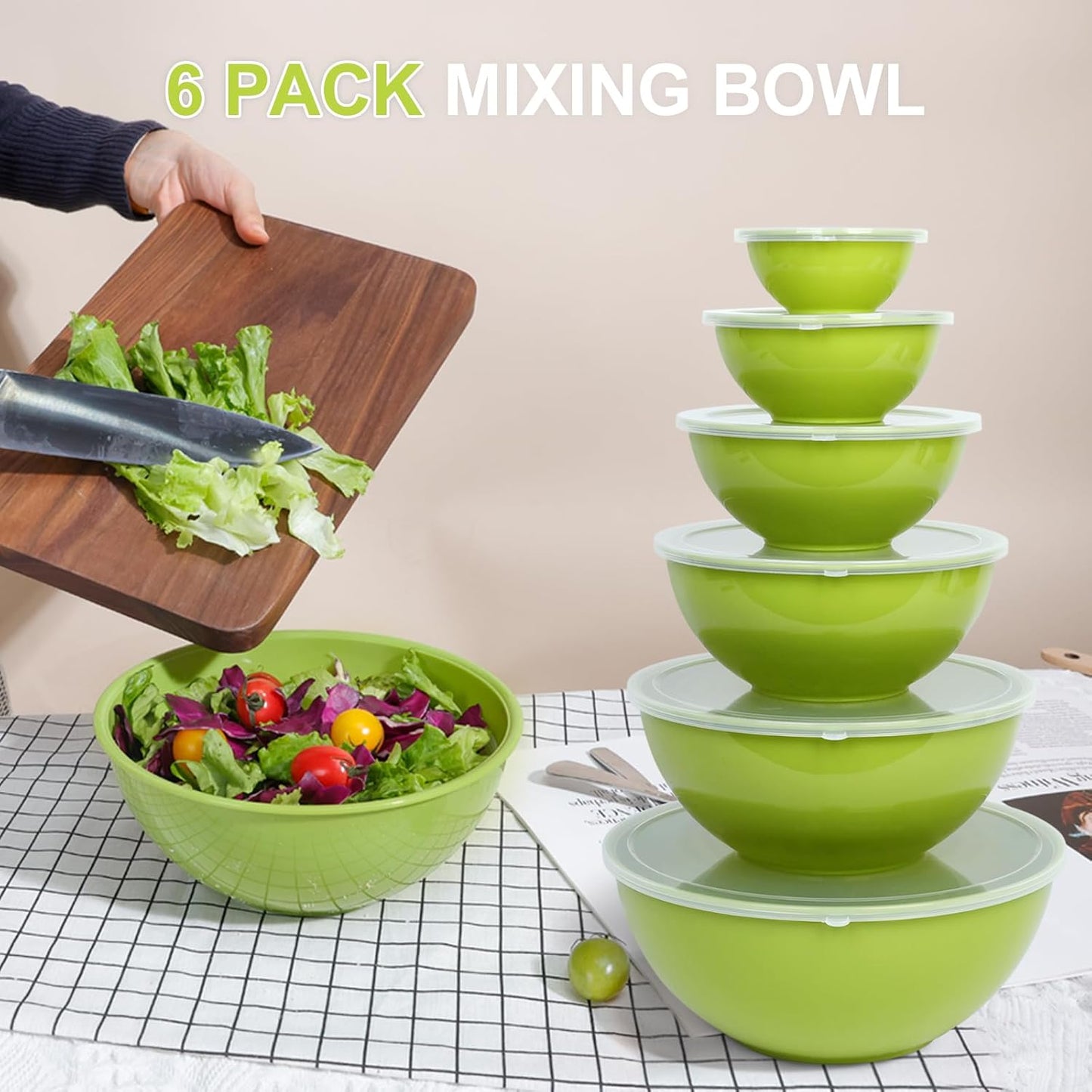 BoxedHome BPA Free Plastic Round Mixing Bowl with Lids, 12 Pack Nesting Bowls with Lids Set, Microwave and Dishwasher Safe Prep & Serving Bowls Great for Mixing, Baking, Serving (Light Green, 12pcs)