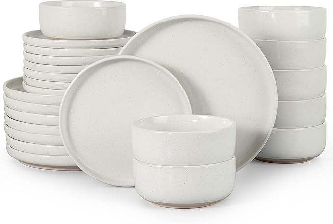 HaWare Stoneware Dinnerware Sets, 24-Piece Plates and Bowls Set for 8, Dishes Set for Home Restaurant, Speckled Milky White