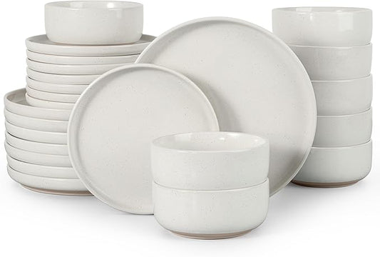 HaWare Stoneware Dinnerware Sets, 24-Piece Plates and Bowls Set for 8, Dishes Set for Home Restaurant, Speckled Milky White