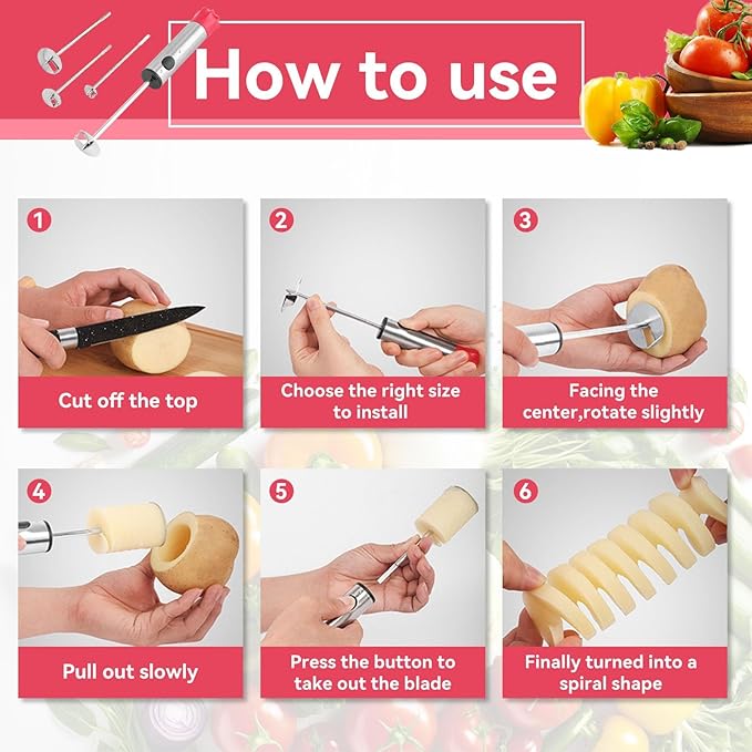 Vegetable Corer Drill, Stainless Steel Vegetable Drill Fruit Corer Veggie Spiralizer with 4 Sizes Vegetable Spinner for Zucchini Potato Corer Tool Remover Kitchen Tool