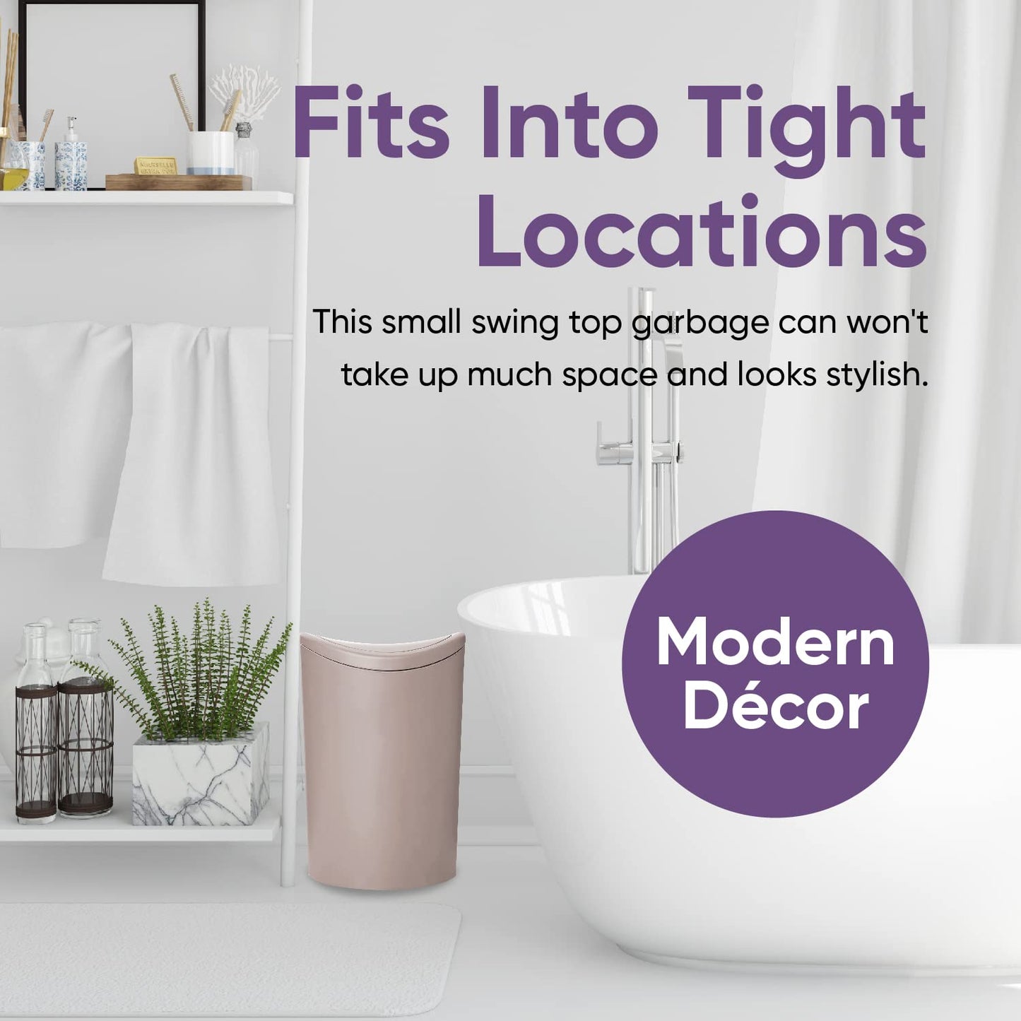 Superio Mini Bathroom Trash Can with Lid, Modern Mini Waste Bin with Swing Lid (1 1/2 Gallon, 6 Liter) Plastic Garbage Can for Kitchen, Bathroom, Bedroom, Office, Under Desk (1, Taupe)