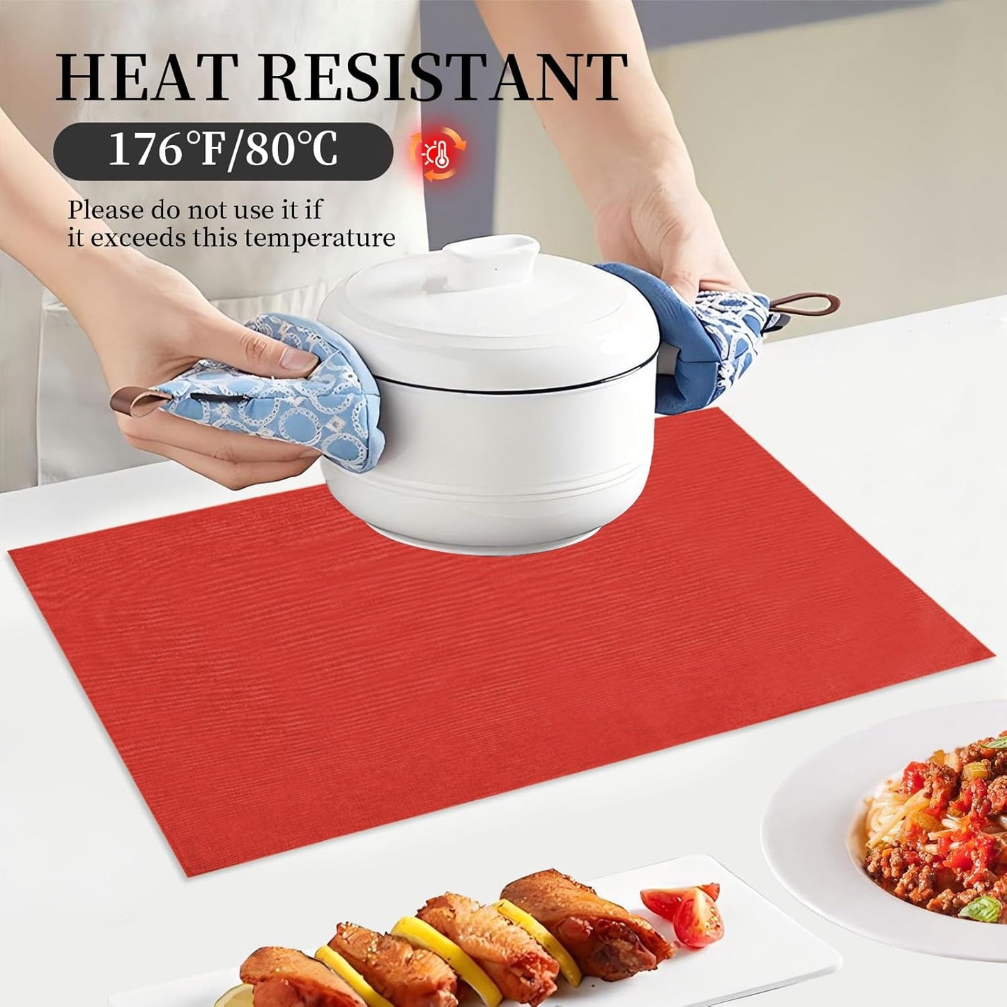 Placemats Set of 6 Linen Type Fabric Cloth Placemats, 19 x 13 Inch Double Layered Thick Wrinkle Free Heat Resistant Table Place, for Dining, Kitchen, Party (Red, 48 * 33cm)