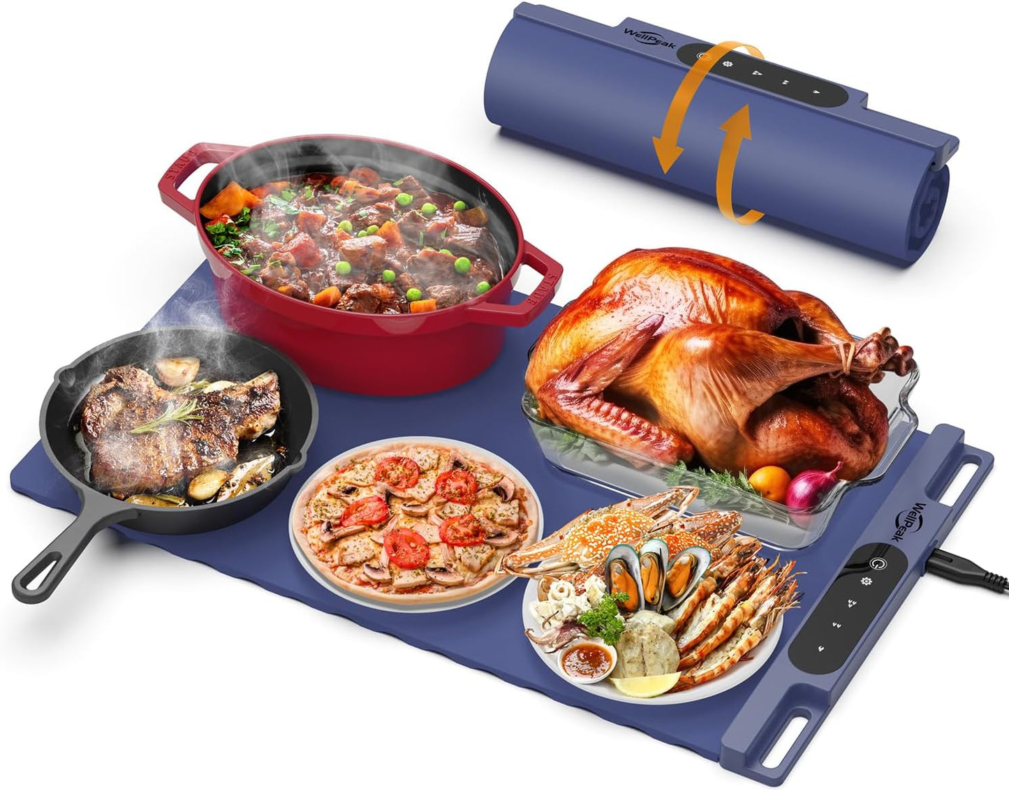 Electric Warming Mat for Food - Full Surface Fast Heating Silicone Tray with 3-Level Temperature, Auto-Off, Raised Feet for Table Protection, Versatile Warmer for Gatherings, Party, Home Buffet, Blue