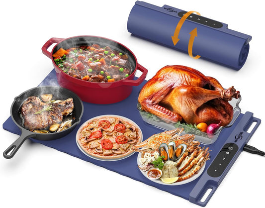 Electric Warming Mat for Food - Full Surface Fast Heating Silicone Tray with 3-Level Temperature, Auto-Off, Raised Feet for Table Protection, Versatile Warmer for Gatherings, Party, Home Buffet, Blue