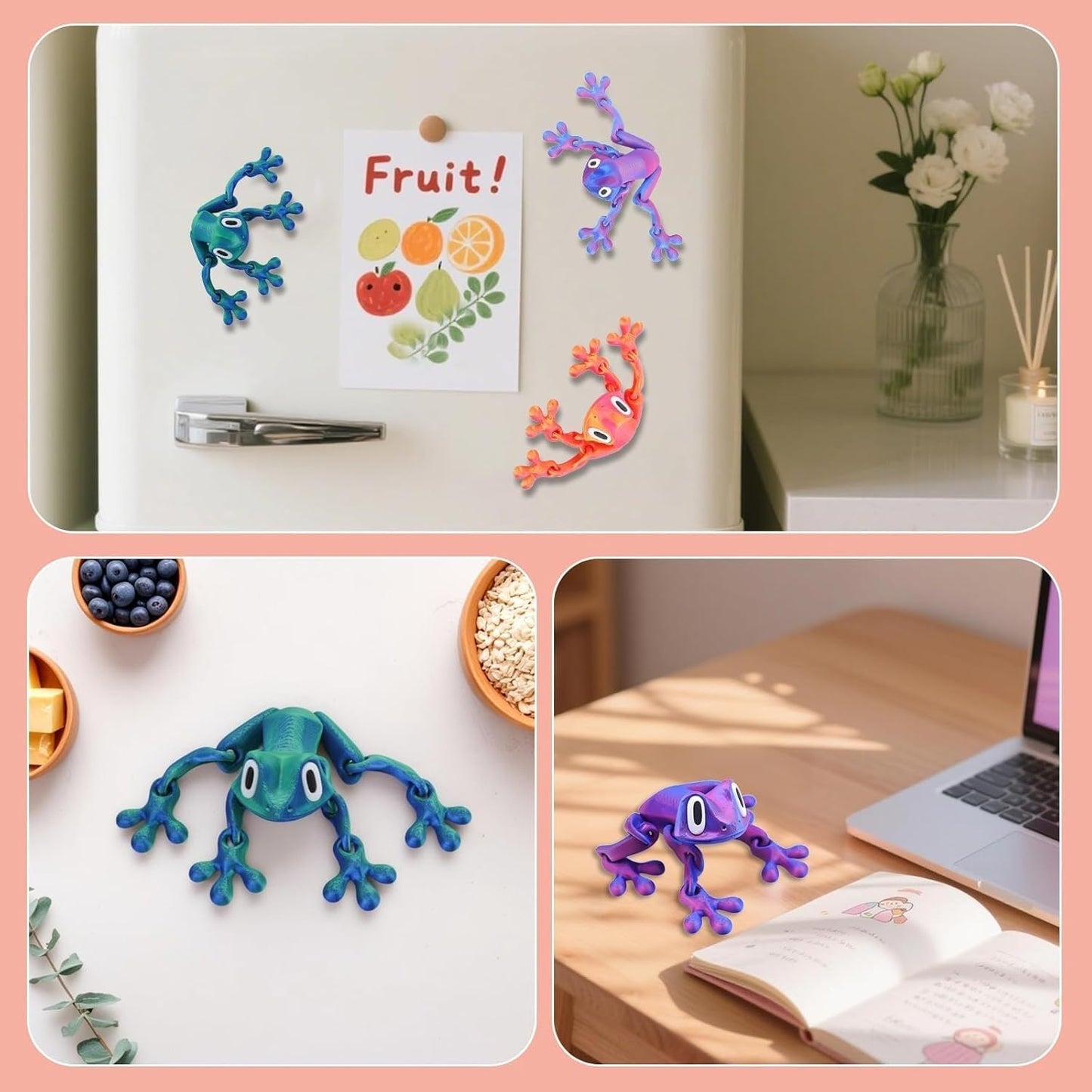 4pcs 3D Printed Magnetic Frog, 3D Printed Frog Fridge Magnets,Realistic Jointed Jumping Frogs Model，Frog Refrigerator Magnets Decor, for Home Office Decor