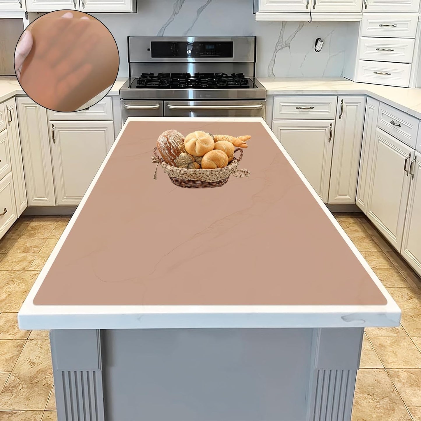 47.3''x23.6''(120cmx60cm) Extra Large Silicone Mat for Kitchen Counter, 1.5MM Thick Non-Slip Heat Resistant Countertop Protector, Waterproof Durable Kitchen Mat for Countertops, Translucent Brown