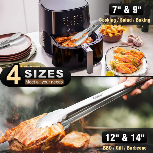 Tongs For Cooking - Heat Resistant 600 Degrees Metal Kitchen Tongs, Heavy Duty Stainless Steel Tongs - Perfect for Food, BBQ Set of 4, 7-9-12 &14 inch Grey