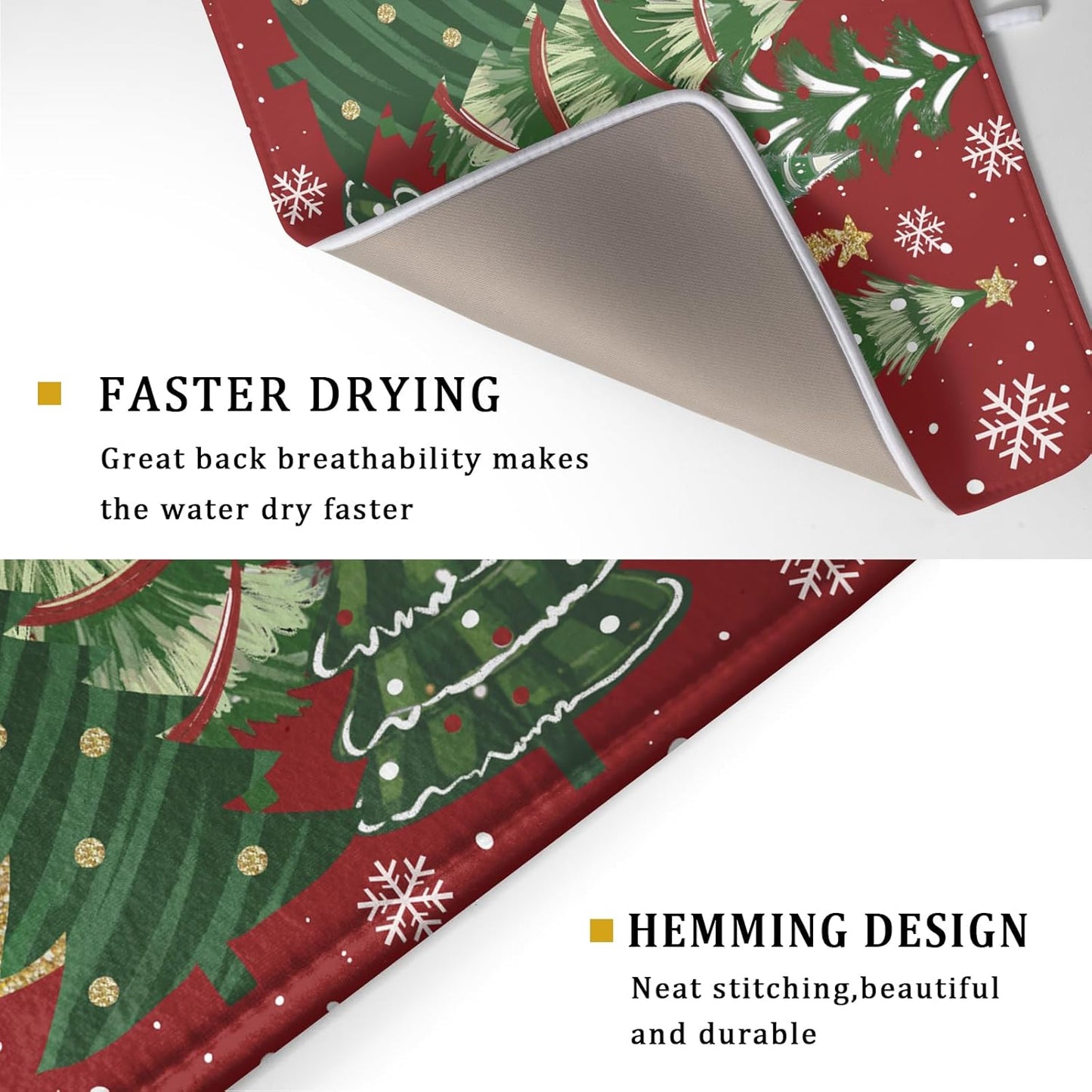 Christmas Dish Drying Mats 18x24, Farmhouse Gold Green Red Xmas Pine Trees Winter Holiday Washable Microfiber Absorbent Dishes Drainer Rack Pad for Coffee Machine Bar Sink Counter