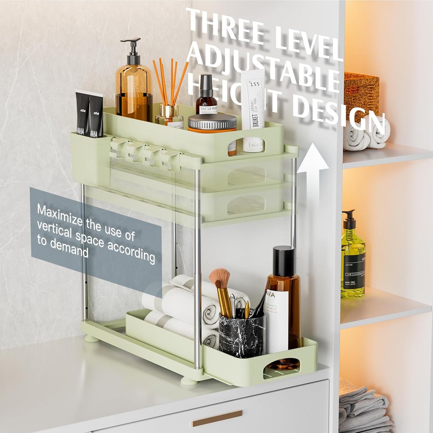 Under Sink Organizer, 2 Pack Under Kitchen Bathroom Cabinet Organizer, 2 Tier Under Bathroom Kitchen Sink Organizer, Adjustable Height Bathroom Kitchen Cabinet Organizers and Storage, Green