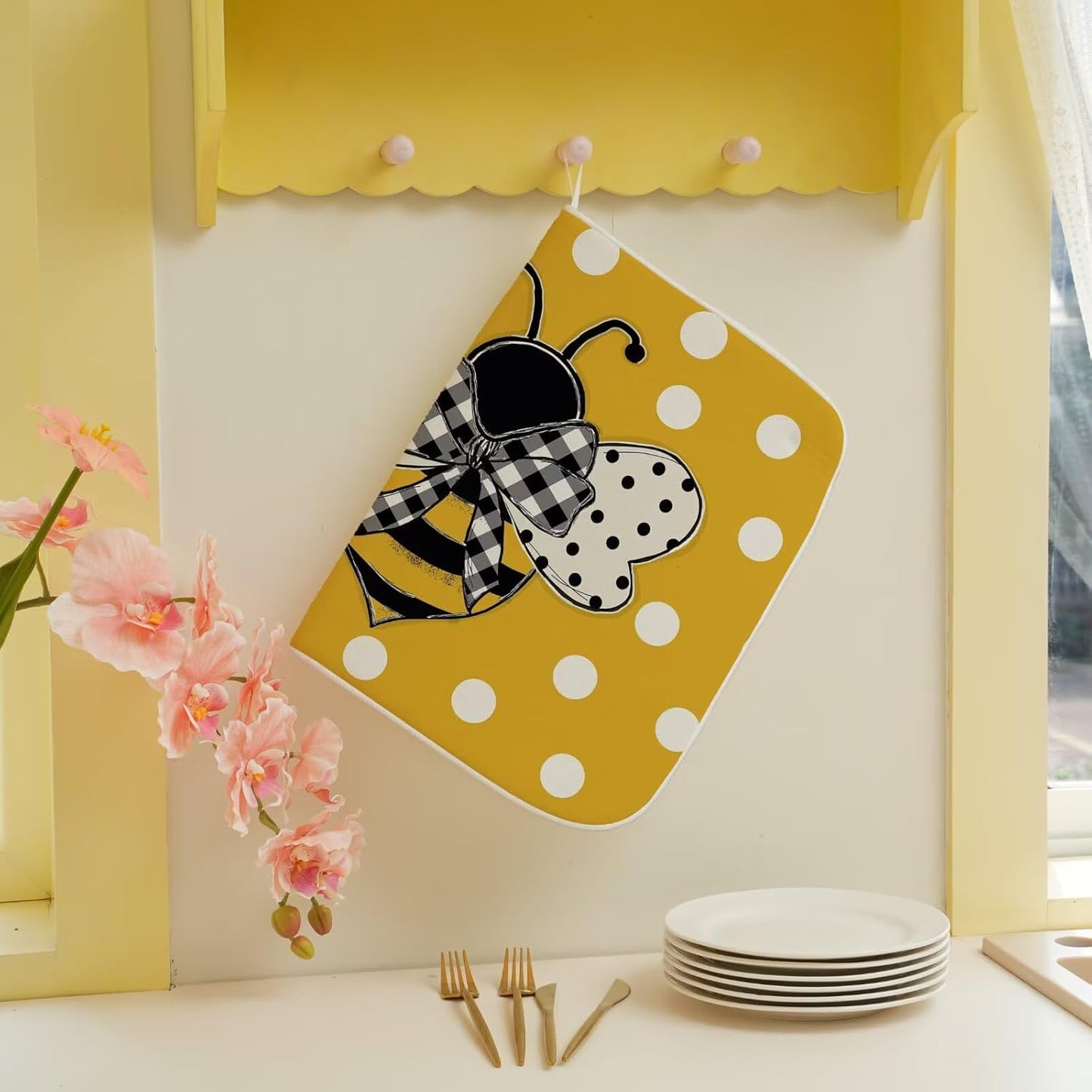 Summer Dish Drying Mat 18 x 24 inch Yellow Bumble bee Polka Dots Decorative Drying Mats Microfiber Absorbent Dish Washable Draining Mat for Kitchen Counter Decor