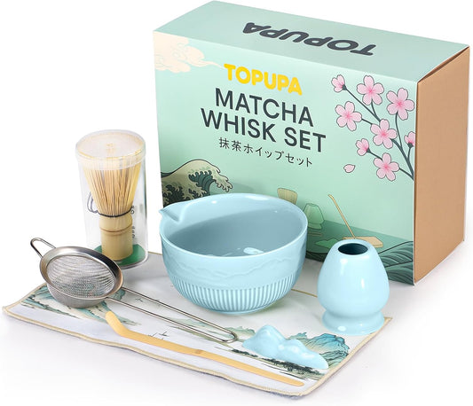 7PCs Pink Matcha Whisk Set Traditional Japanese Matcha Kit with Whisk and Bowl Matcha Making Accessories Bamboo Chasen Tea Spoon Holder Sifter Tea Towel Ceremony Macha Tea Set for Beginners