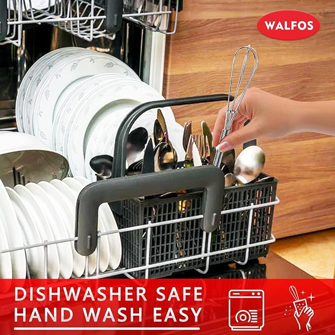 Walfos Whisk,304 Stainless Steel Mini whisk,Small Whisk.6in Long-Handle Non Rust Whisks Nice for stirring individual eggs and mixing small amounts of powder and sauce.Dishwasher Safe.(5+7+10in)