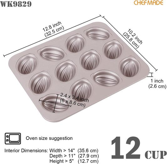 CHEFMADE Muffin Cake Pan, 12-Cavity Non-Stick Rugby-Shaped Bakeware for Oven Baking (Champagne Gold)