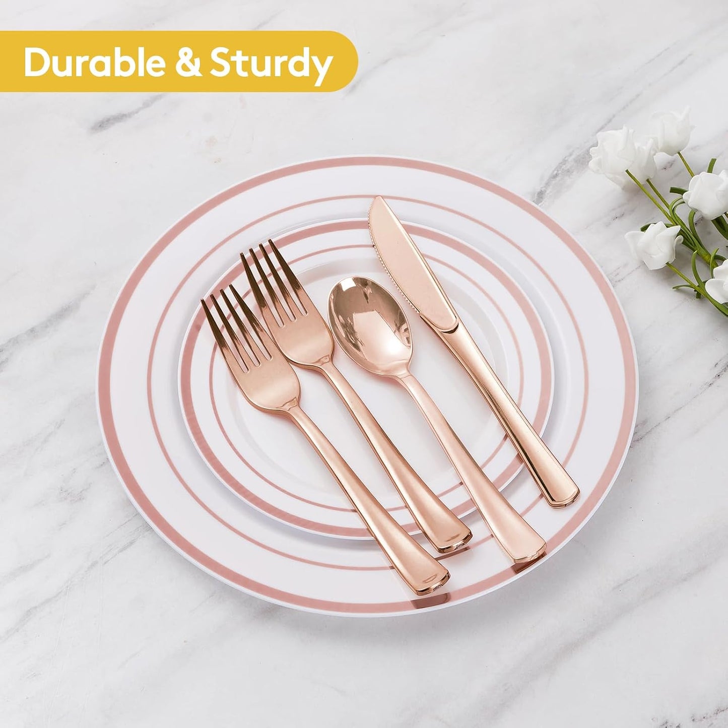 Goodluck 150PCS Rose Gold Plastic Silverware, Rose Gold Utensil Disposable, Plastic Cutlery Set of 50 Forks, 50 Spoons, 50 Knives for Wedding, Party, Valentines
