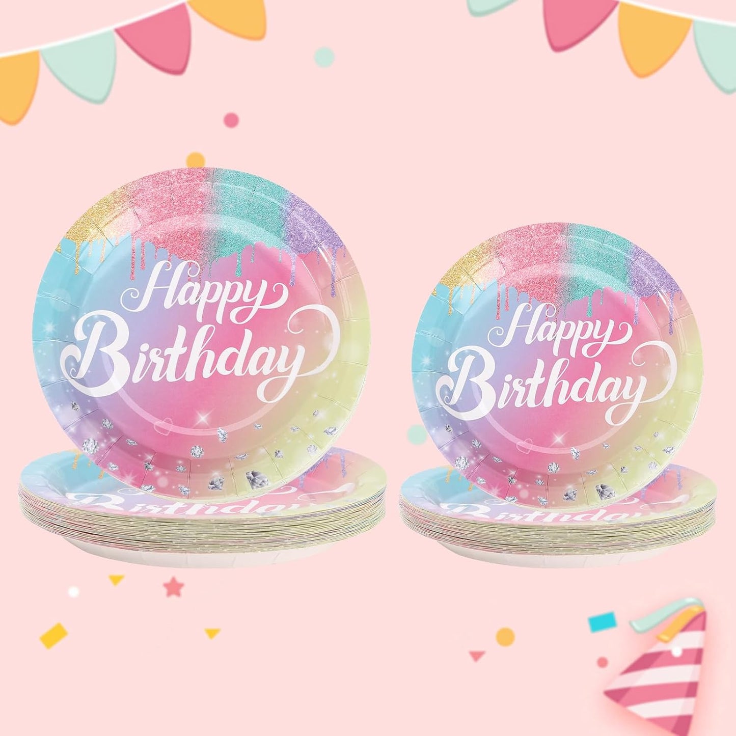Rainbow Birthday Plates Napkins Sets Pink Birthday Party Supplies Glitter Diamond Plates,Rose Gold Disposable Birthdays Dinnerware Sets Unicorn Girls Party Plates with Tablecloth Cup Banner Serve 24