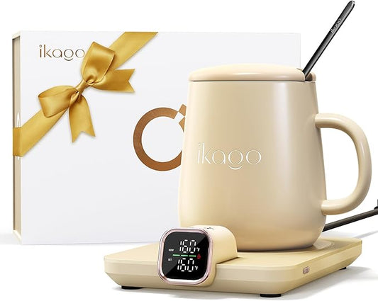Coffee Mug Warmer Set, Temperature Control Smart Heated Mug for Desk, Electric Coffee Warmer with Auto Shut Off & Real-Time Temp Display, Gifts for Men Women, 15oz, Beige
