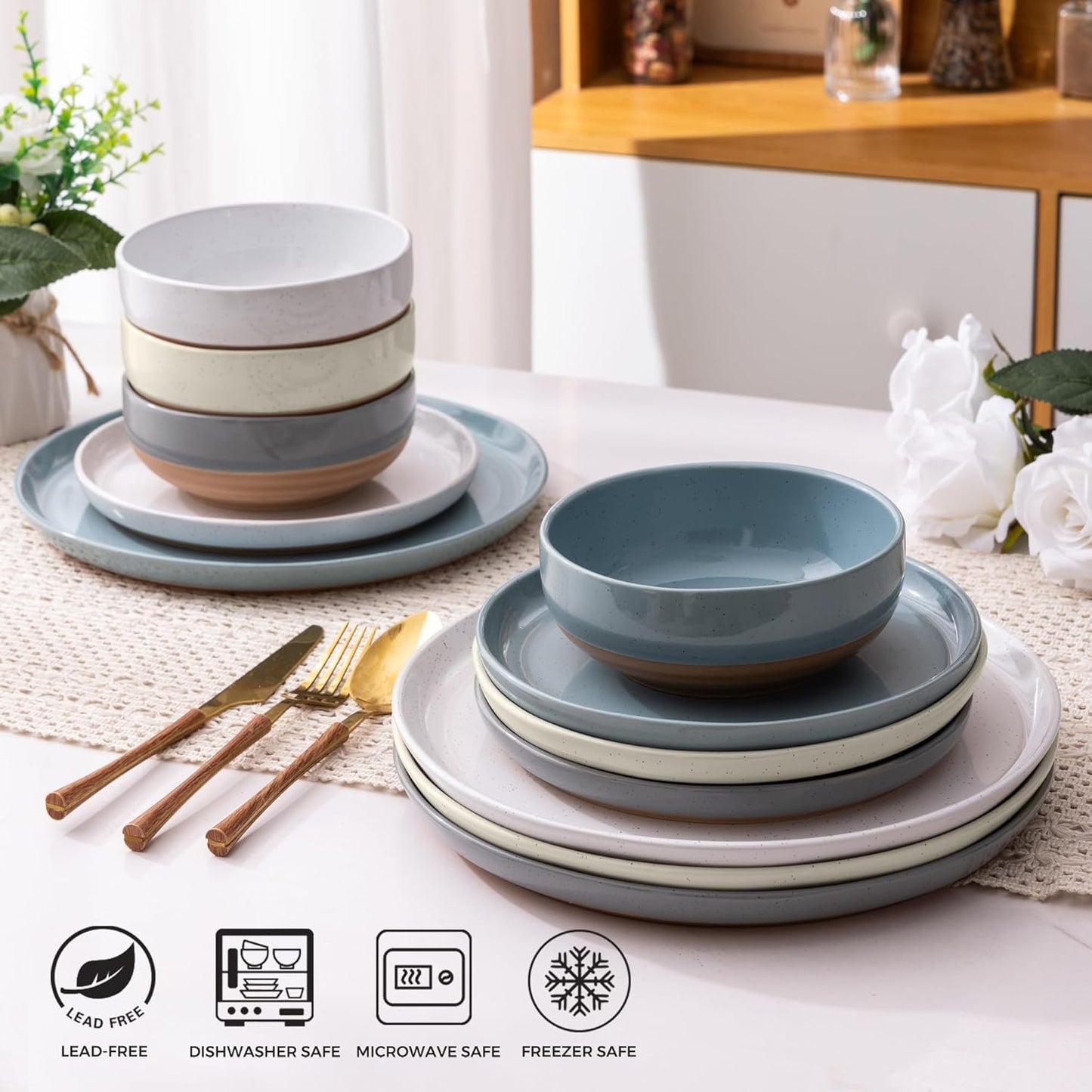 AmorArc Ceramic Dinnerware Sets for 4, 12 Pieces Handpainted Plates and Bowls Set with Rustic Terracotta Underside, Scratch Resistant Stoneware Dishes Set, Dishwasher & Microwave Safe, Multi-Color