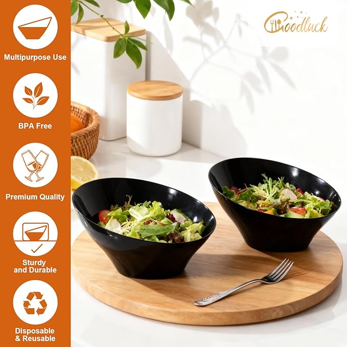 Goodluck 5 Pack Black Plastic Serving Bowls for Party - 20 OZ Angled Disposable Serving Bowls for Wedding Party Chip, Candy, Salad & Fruit