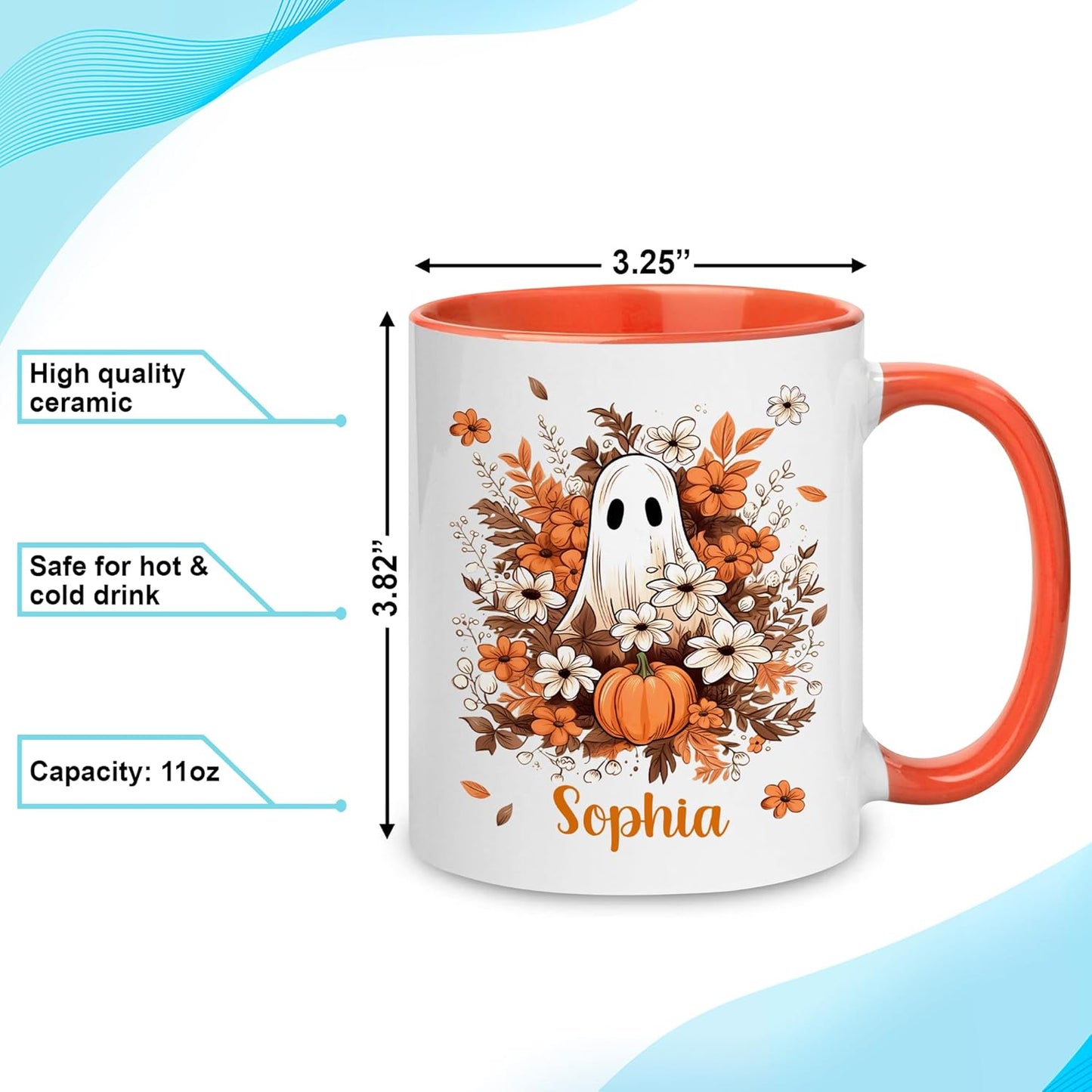 Hyturtle Personalized Fall Halloween Mug Gifts - Spooky Ghost - Custom Name Coffee Cup Ceramic Mug 11oz 15oz - Autumn Gifts For Her - Fall Thanksgiving Decor Gift
