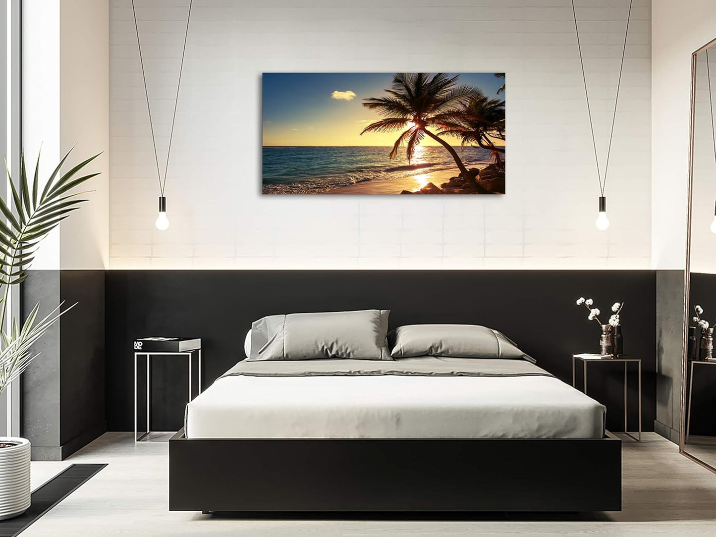 Muolunna S04950 Wall Art Decor Large Canvas Print Picture Sunset Ocean Beach Waves 1 Panel Coconut tree Scenery Modern Painting Artwork for Office Home Decoration Stretched and Framed Ready to Hang