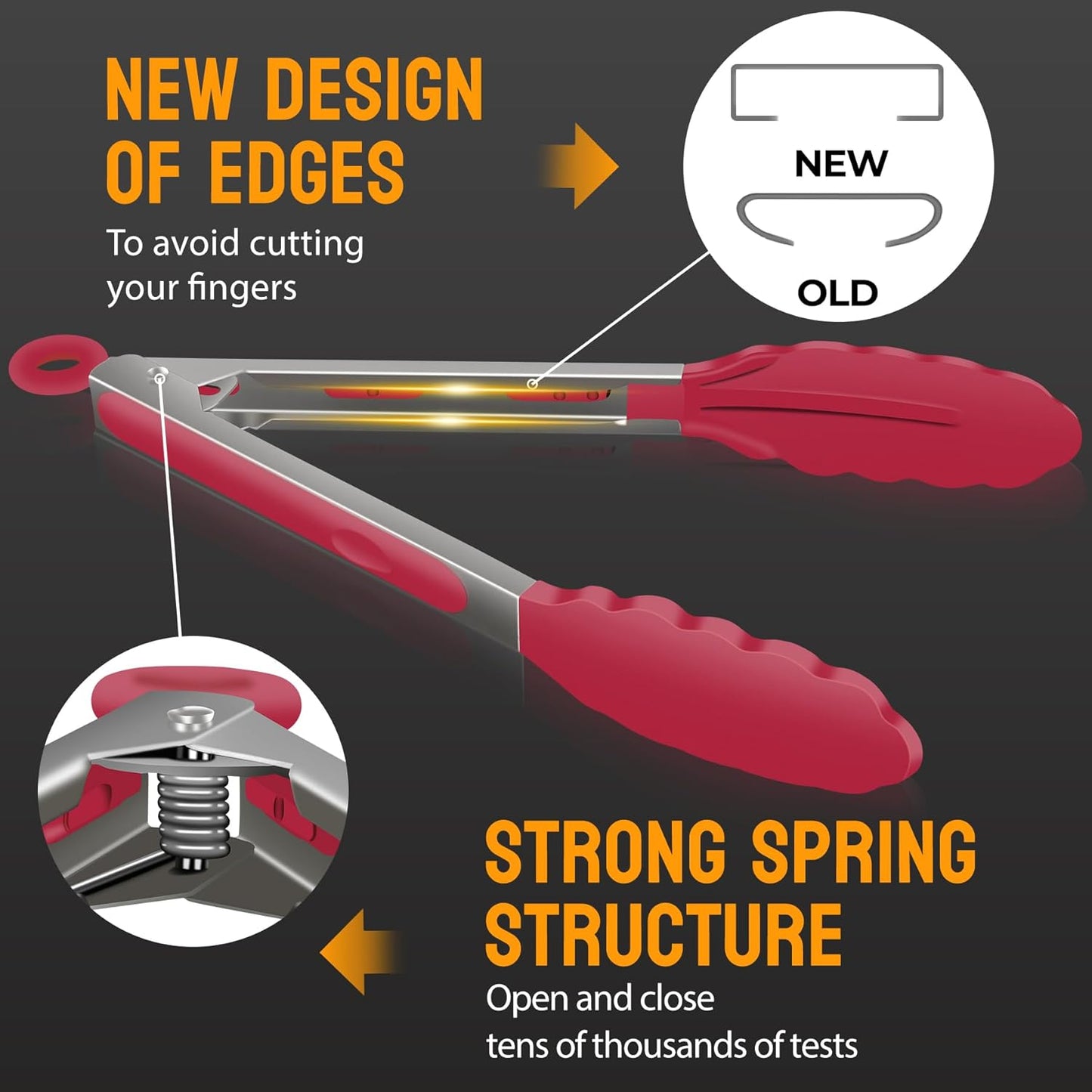 HOTEC Premium Stainless Steel Locking Kitchen Tongs with Silicon Tips, Set of 3-7", 9" and 12" (Red)