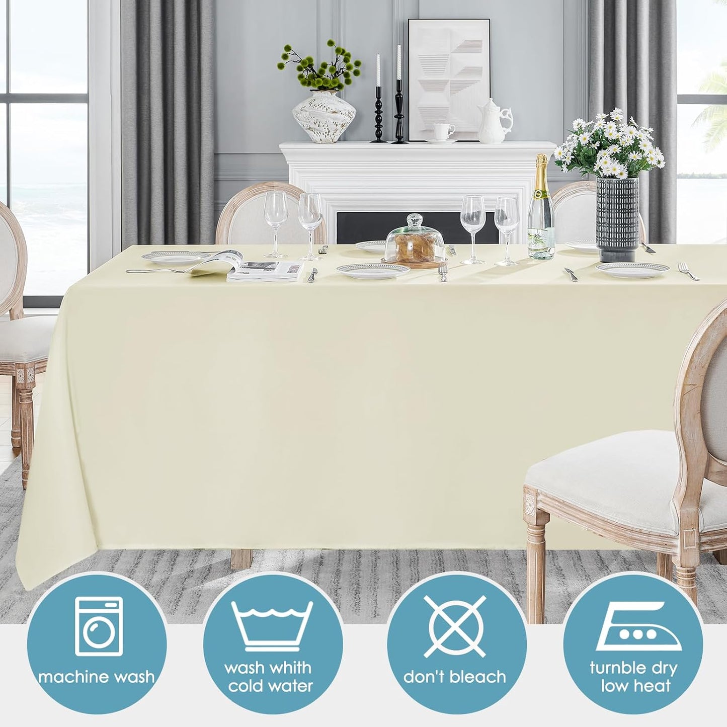 VidaFete Tablecloth 2 Pack90*156inch Rectangle Table Cloth Polyester, Stain Wrinkle Resistant Polyester Dining Table Cover for Kitchen Dinning Party Wedding Rectangular Buffet Decoration(Ivory)