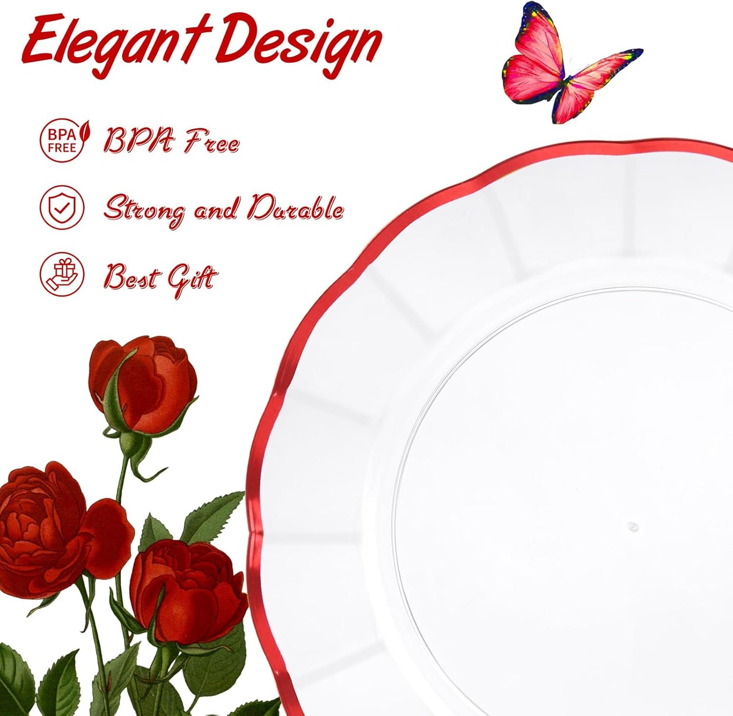 EI 150pcs Clear and Red Plastic Plates,Plastic Plates and sliverware,Clear Disposable Party Dinnerware Set for 30 Guests,Red Wavy Petal Edge Disposable Dinnerware Set for Wedding,Showers,Birthdays.