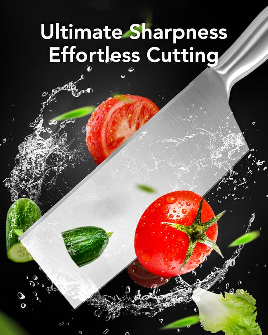 6Pcs Professional Chef Knife Block Set, Silver Stainless Steel Sharp Knives Set for kitchen with Built-in Sharpener Ergonomic Handle, Heavy Duty Cleaver &Butcher for Meat Bone Vegetables Fruit Cutting