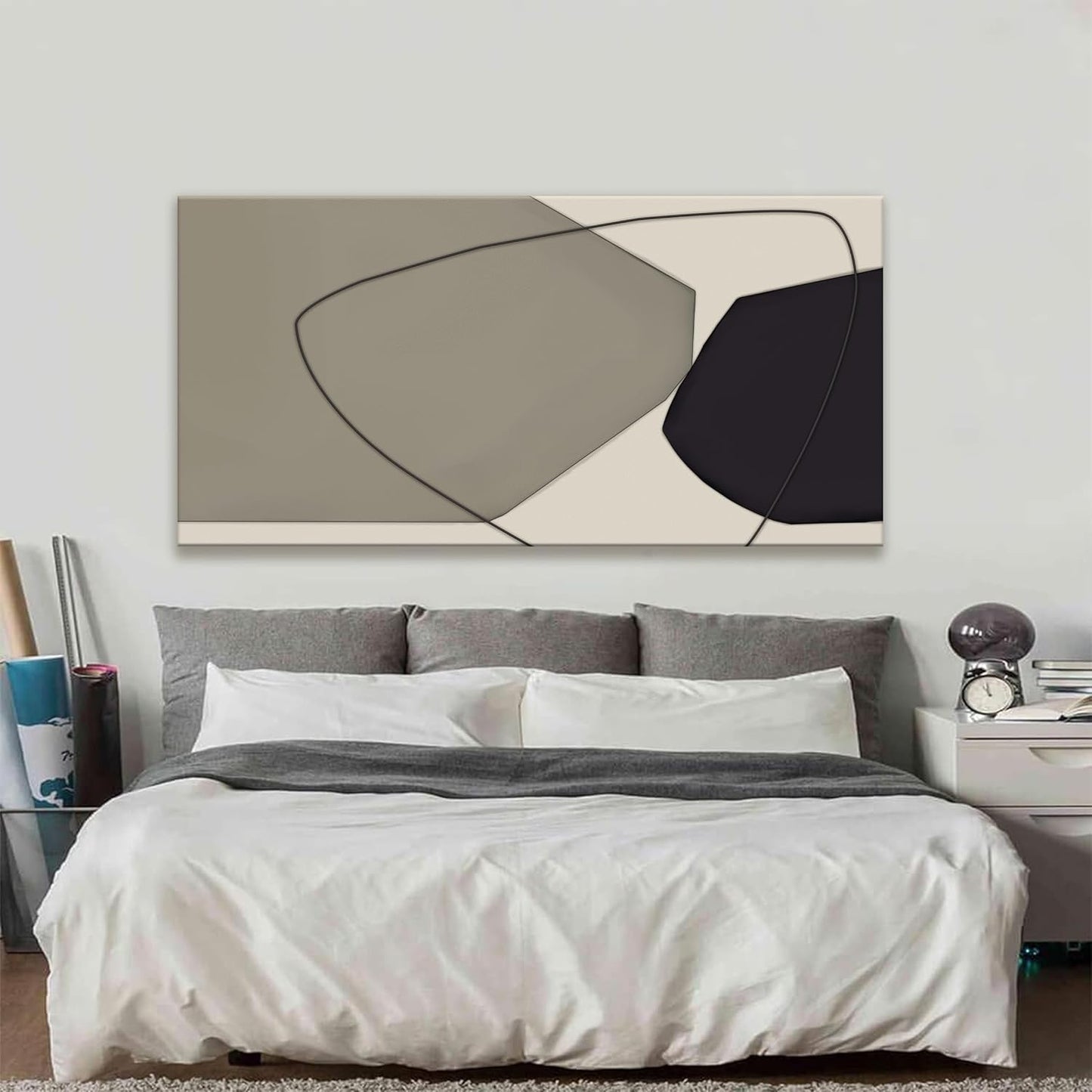 Large Abstract Wall Art Black And Grey White Wall Art Geometric Color Block Line Painting Artwork Canvas Art Wall Decor Simple Picture Artwork For Living Room Bedroom Office Home Artwork 29"X 58"