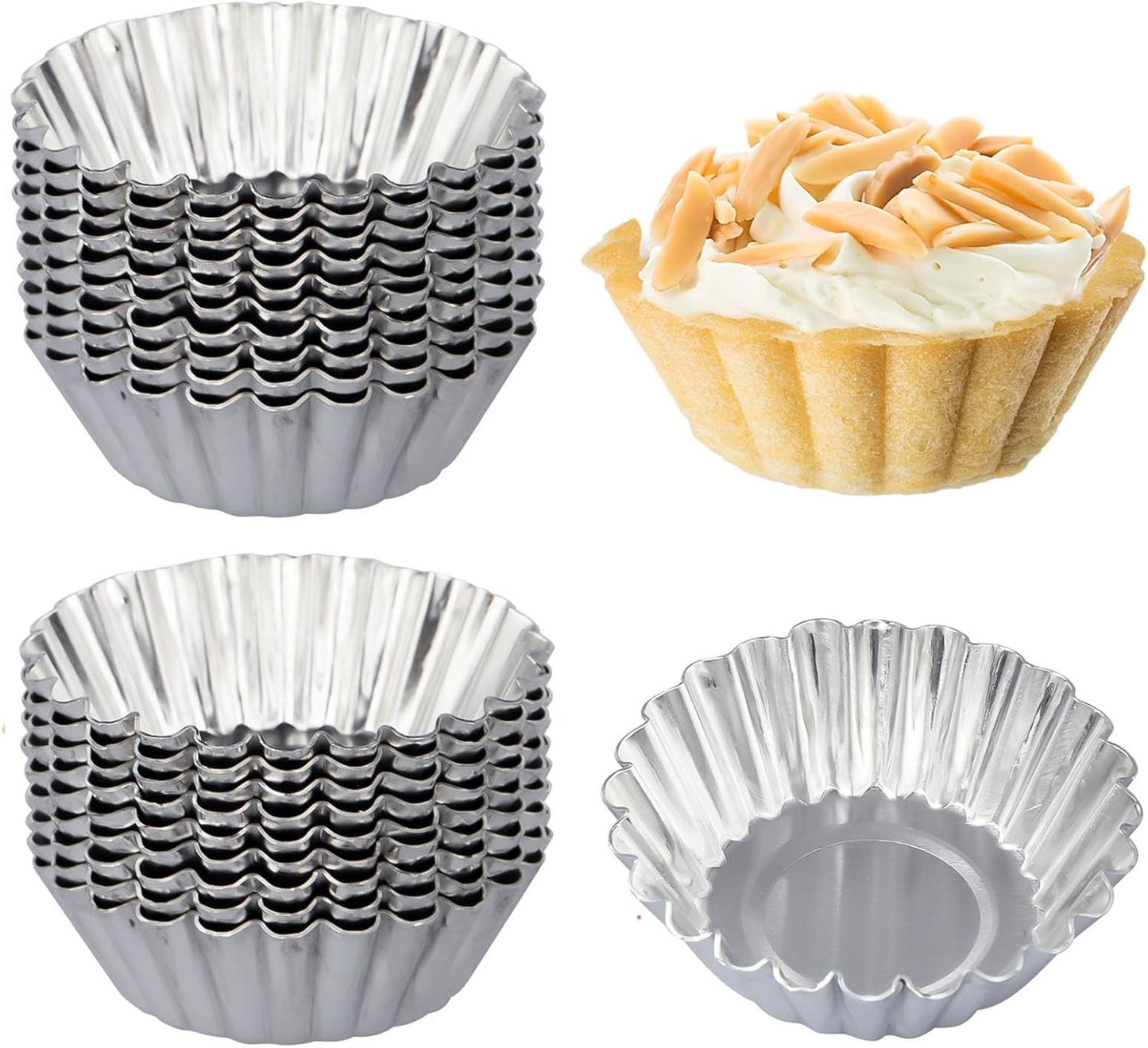 50 Pcs Egg Tart Molds, 2.8in Mini Tart Pan Reusable Aluminum Muffin Cupcake Mold Metal Pie Tins Flower Shape Baking Cups, XL