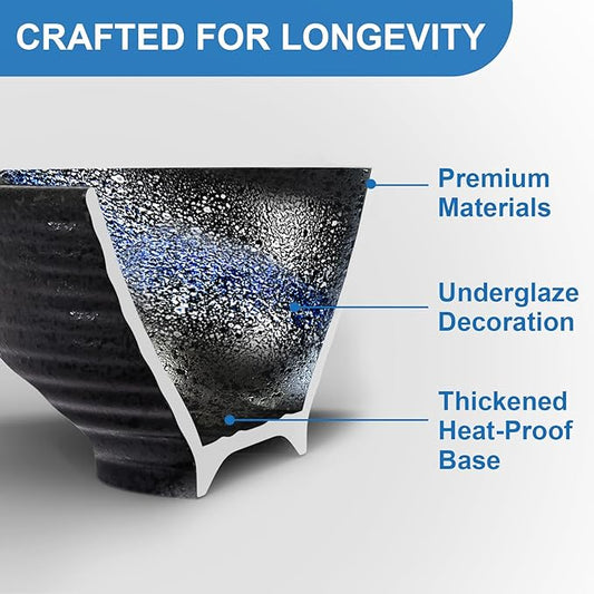 9.4Inch Ceramic Ramen Bowl Set of 4 (17 Piece) - Porcelain Japanese Salad Noodles Cereal Fruit Pasta Soup Large Bowls with Recipes Chopsticks Forks Spoons for Men Women Gift Microwave Dishwasher Safe